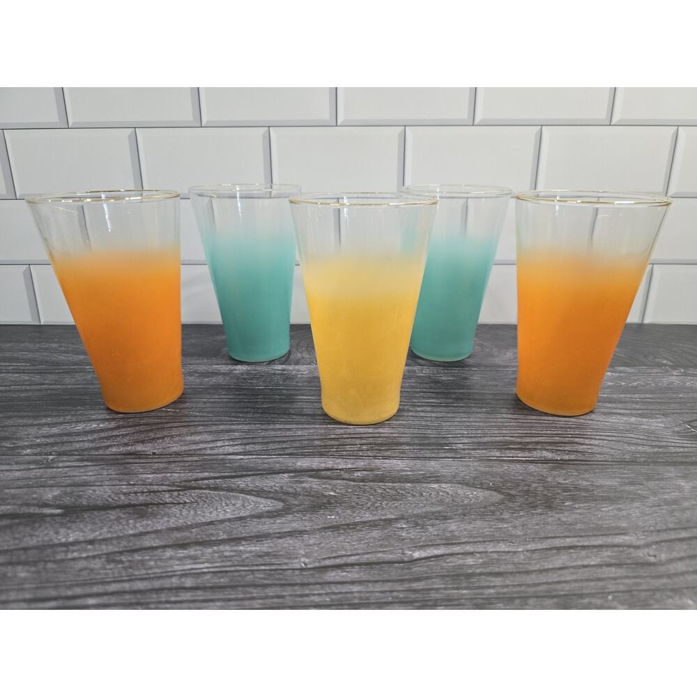 5 Vintage MCM Blendo Frosted Glasses Beach Sunrise Colors Gold Rim Tumblers